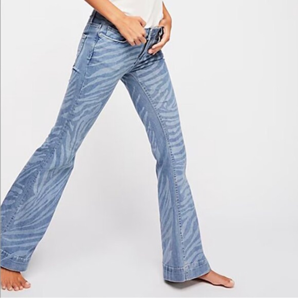 We The Free Blue Zebra-Print Flare Jeans